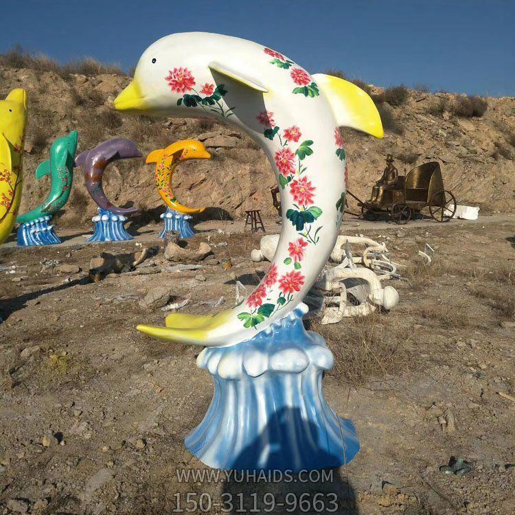玻璃鋼彩繪海豚，彩色印花海豚雕塑擺件
