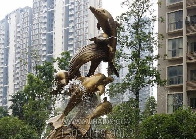 小區門(mén)口飛躍多只黃銅海豚雕塑