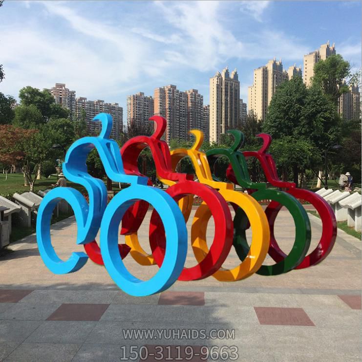 不銹鋼幾何彩繪戶(hù)外遠動(dòng)騎自車(chē)的抽象人物景觀(guān)雕塑