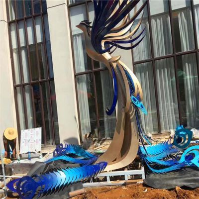 酒店會(huì )所門(mén)口大型不銹鋼抽象鳳凰雕塑