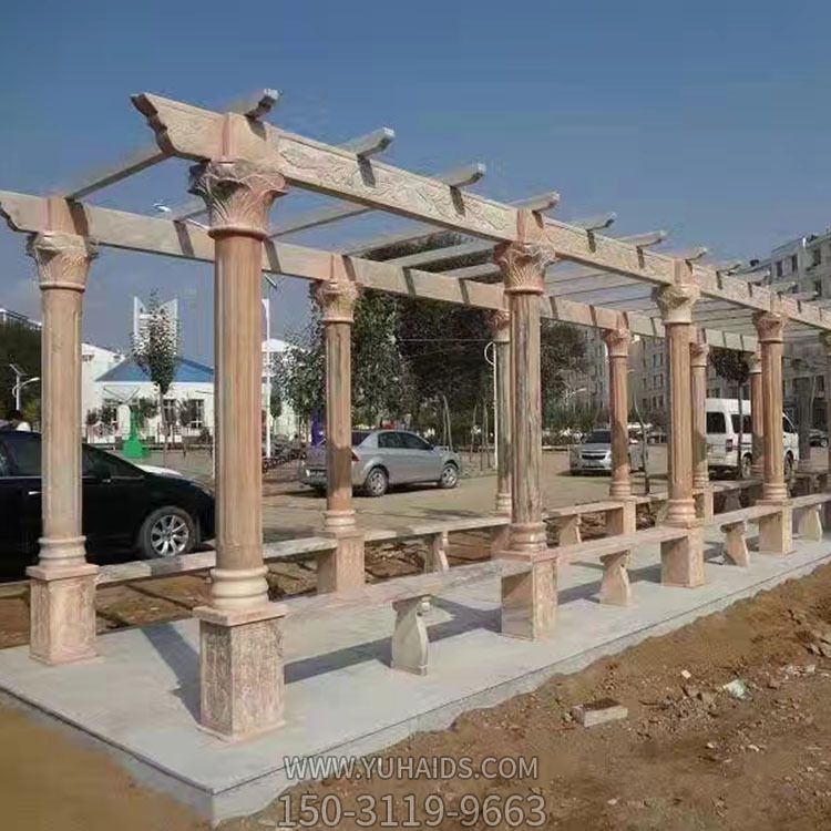 公園晚霞紅羅馬柱花架休息長(cháng)廊座椅涼亭雕塑