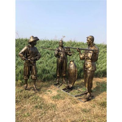 園林草地擺放玻璃鋼仿銅漁民文化賣(mài)魚(yú)人物小品