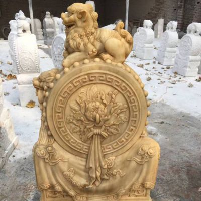 天然石材黃銹巖雕刻小獅子招財鎮宅抱鼓石門(mén)墩