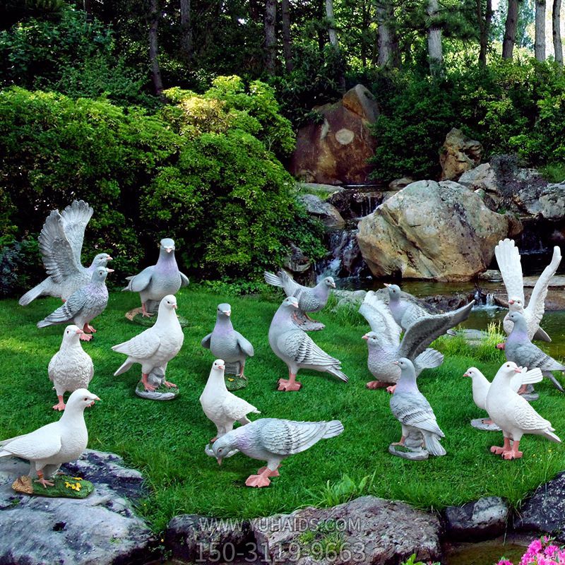 公園草坪創(chuàng )意玻璃鋼一群鴿子雕塑