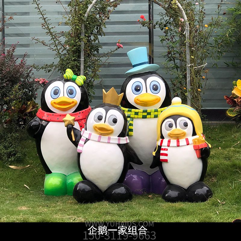 公園創(chuàng )意玻璃鋼多彩企鵝雕塑