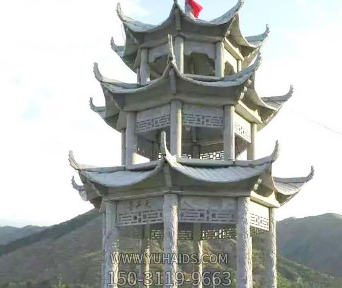 山頂寺院戶(hù)外擺放多層頂砂巖雕刻休閑涼亭雕塑