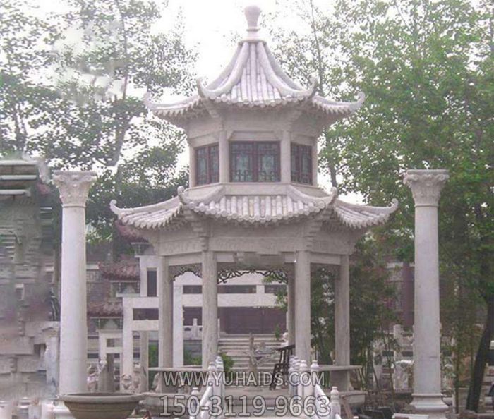 戶(hù)外園林景區擺放大理石雙層涼亭雕塑