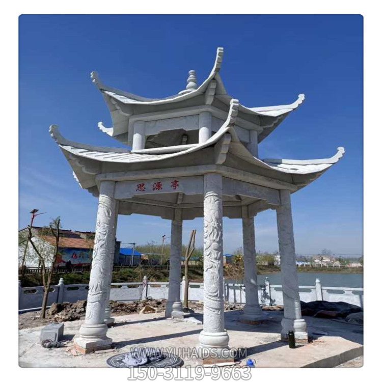 村莊湖邊擺放大理石雕仿古建涼亭景觀(guān)雕塑