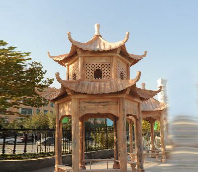 農場(chǎng)庭院擺放雙層晚霞紅涼亭雕塑