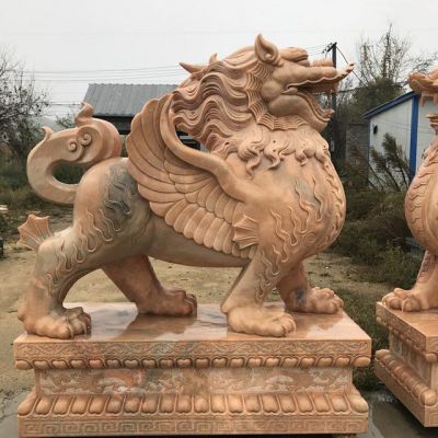 大理石晚霞紅飛天貔貅企業(yè)公司大門(mén)招財雕塑