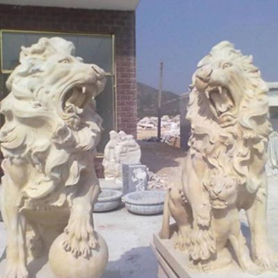 晚霞紅石雕石獅子一對看門(mén)鎮宅公司別墅擺件