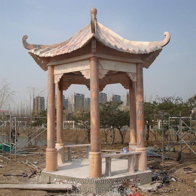 中式戶(hù)外公園大型晚霞紅石雕涼亭雕塑