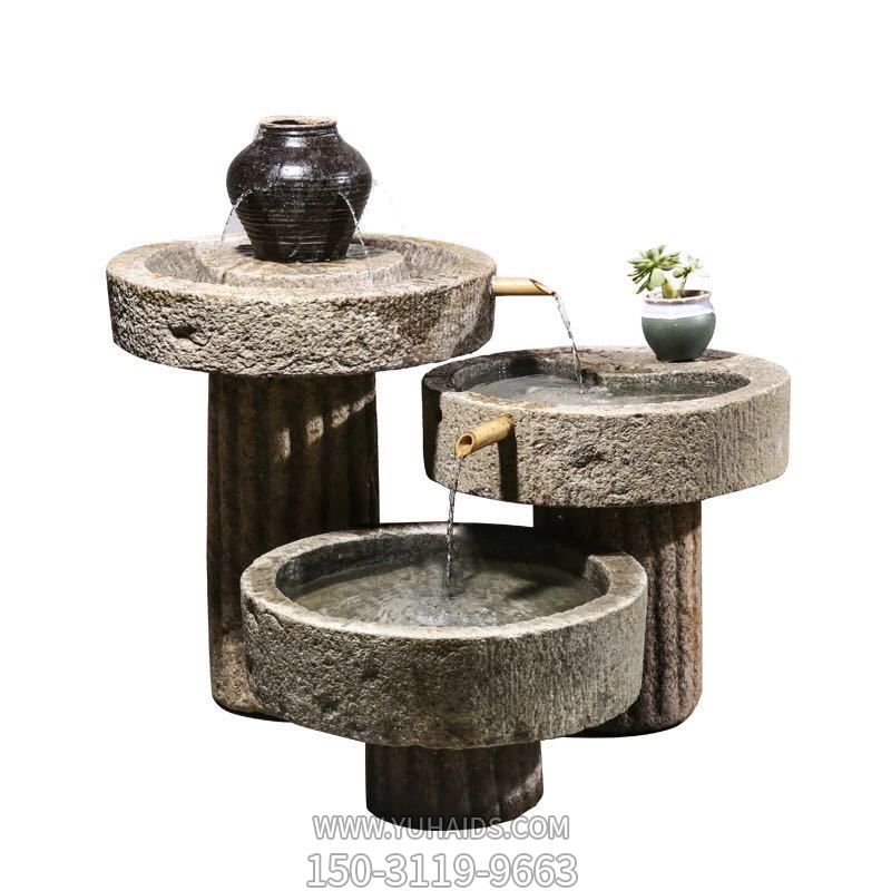 別墅庭院擺放老石槽組合魚(yú)缸石頭戶(hù)外石磨青石景觀(guān)流水擺件雕塑