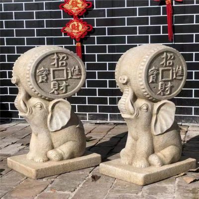 庭院戶(hù)外擺放砂巖浮雕蹲坐小象招財進(jìn)寶石門(mén)墩