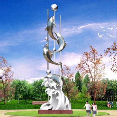 不銹鋼廣場(chǎng)不銹鋼海豚海浪園林景觀(guān)雕塑