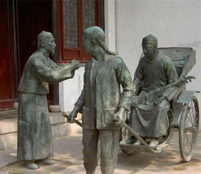 景區廣場(chǎng)車(chē)夫拉人仿古做舊觀(guān)景小品青銅雕塑
