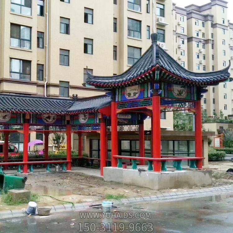小區花園擺放實(shí)木仿古建筑休閑四角涼亭長(cháng)廊雕塑
