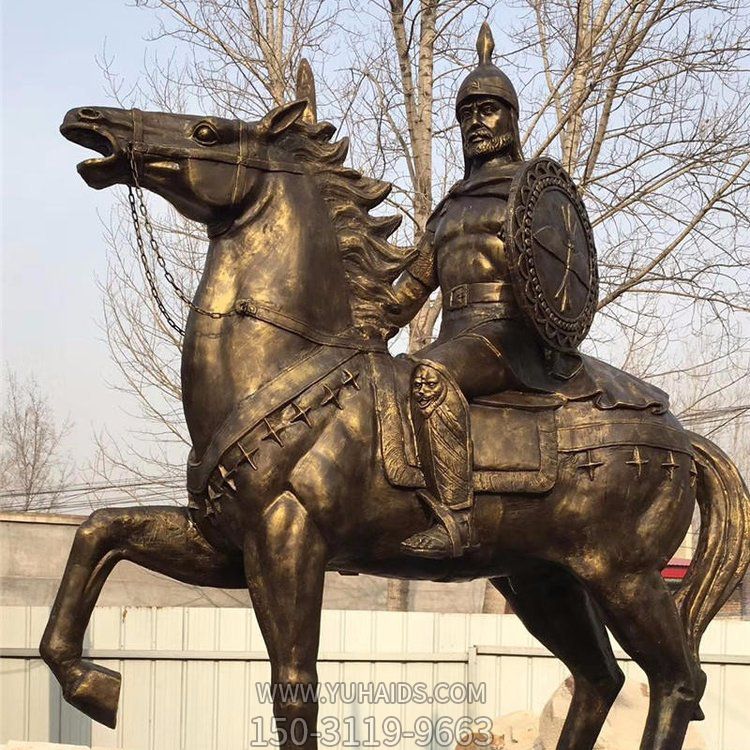 西方古代的騎馬士兵銅雕，手持盾牌騎馬身上的西方戰士雕塑