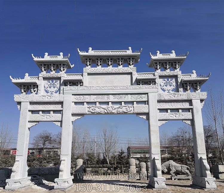 大理石三門(mén)五樓牌坊村口景區裝飾擺件石雕雕塑