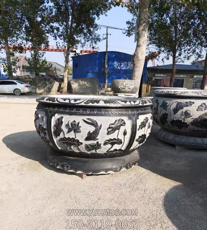 石雕魚(yú)缸花盆庭院 荷花缸養魚(yú)青石仿古水缸戶(hù)外水槽石槽大理石擺件雕塑