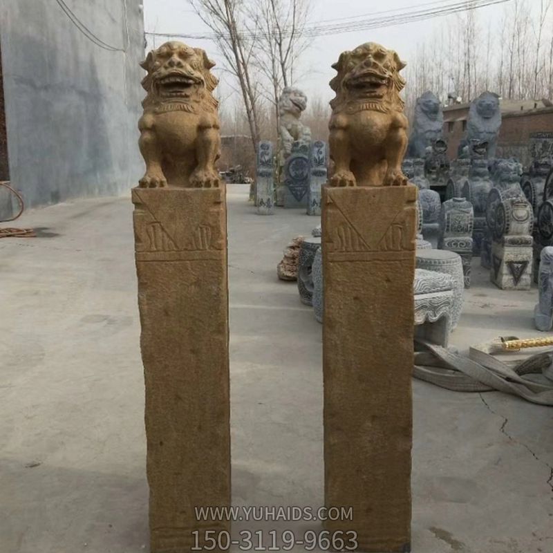 寺廟門(mén)口擺放砂巖拴馬柱擺件雕塑