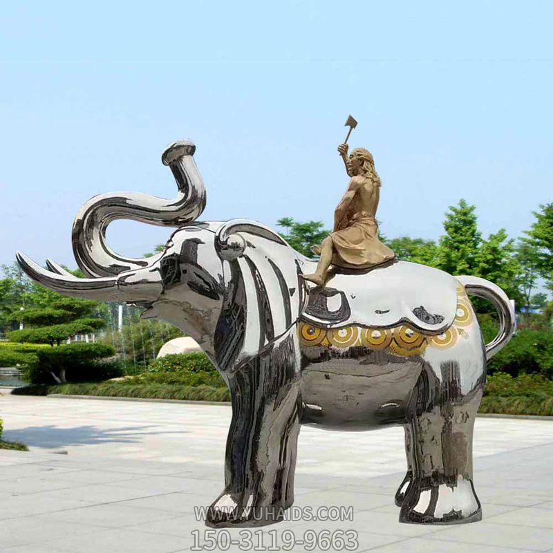廣場(chǎng)不銹鋼創(chuàng )意鏡面女孩騎著(zhù)大象雕塑