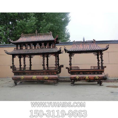 寺院祠堂戶(hù)外擺放大型純銅八龍柱寶蓋香爐雕塑