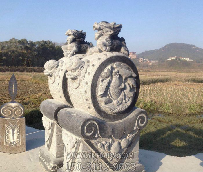 景區擺放花崗巖仿古抱鼓石鎮宅石門(mén)墩雕塑