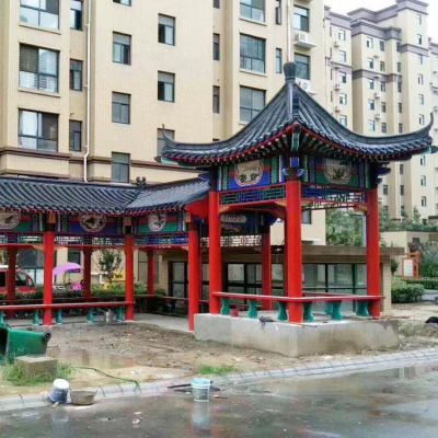 小區花園擺放實(shí)木仿古建筑休閑四角涼亭長(cháng)廊