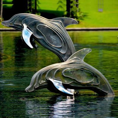 不銹鋼海豚雕塑，池塘水景抽象海豚景觀(guān)動(dòng)物雕塑