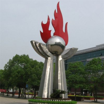 大型不銹鋼手型托火苗街道景觀(guān)雕塑