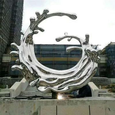 小區樓盤(pán)戶(hù)外噴泉裝飾不銹鋼鏡面抽象海浪浪花擺件