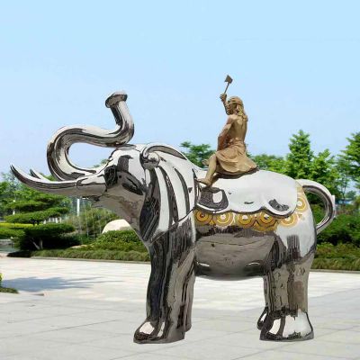 廣場(chǎng)不銹鋼創(chuàng  )意鏡面女孩騎著(zhù)大象雕塑