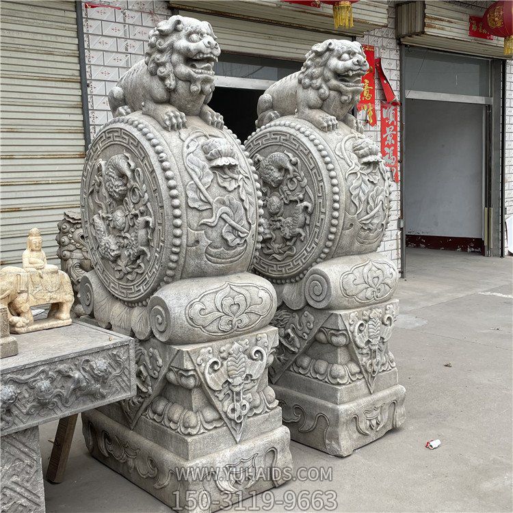 大個(gè)的石雕門(mén)墩抱鼓石，漢白玉仿古門(mén)墩雕塑