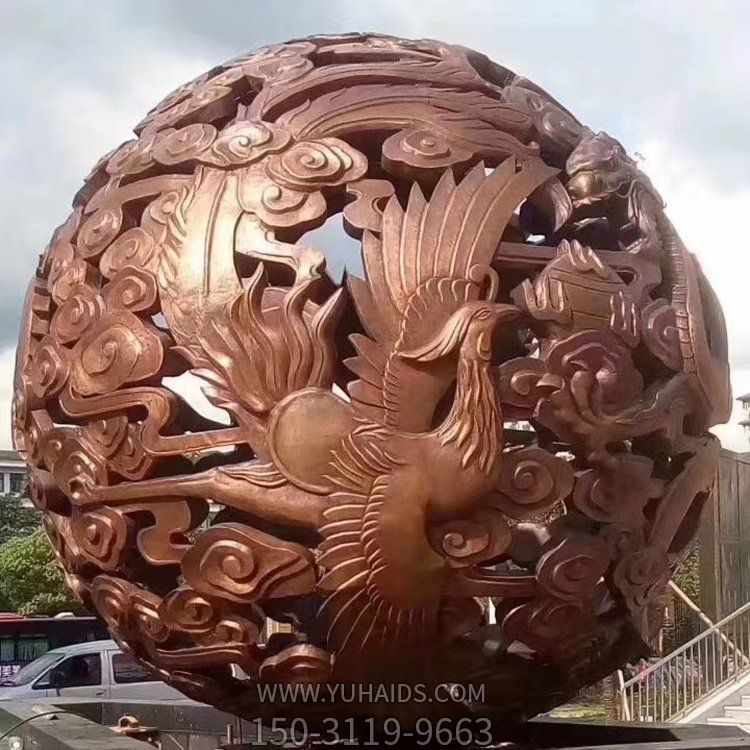銅雕浮雕景觀(guān)創(chuàng  )意鳳凰鏤空球雕塑