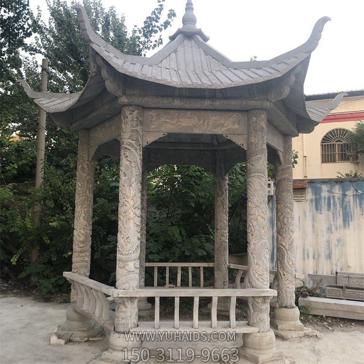 園林戶(hù)外擺放中式青石仿古建筑六角石亭雕塑