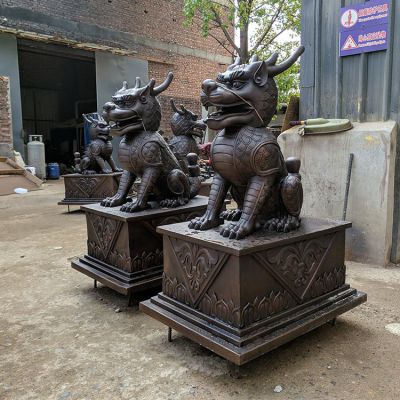 銅麒麟，黃銅鑄造麒麟銅雕一對