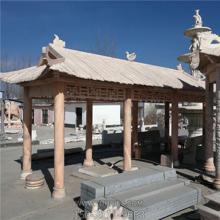 小區廣場(chǎng)長(cháng)廊晚霞紅石雕休息涼亭雕塑