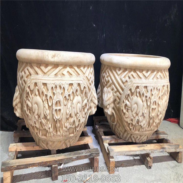 浮雕創(chuàng  )意大理石石雕石缸雕塑擺件
