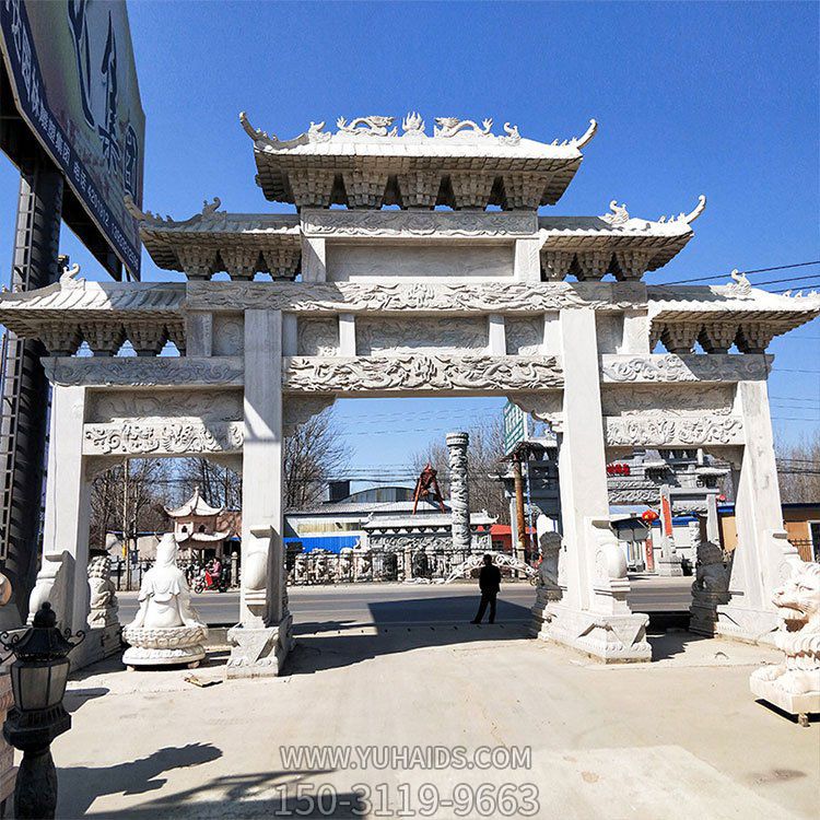 石雕牌坊，大型三間四柱漢白玉石雕牌樓雕塑