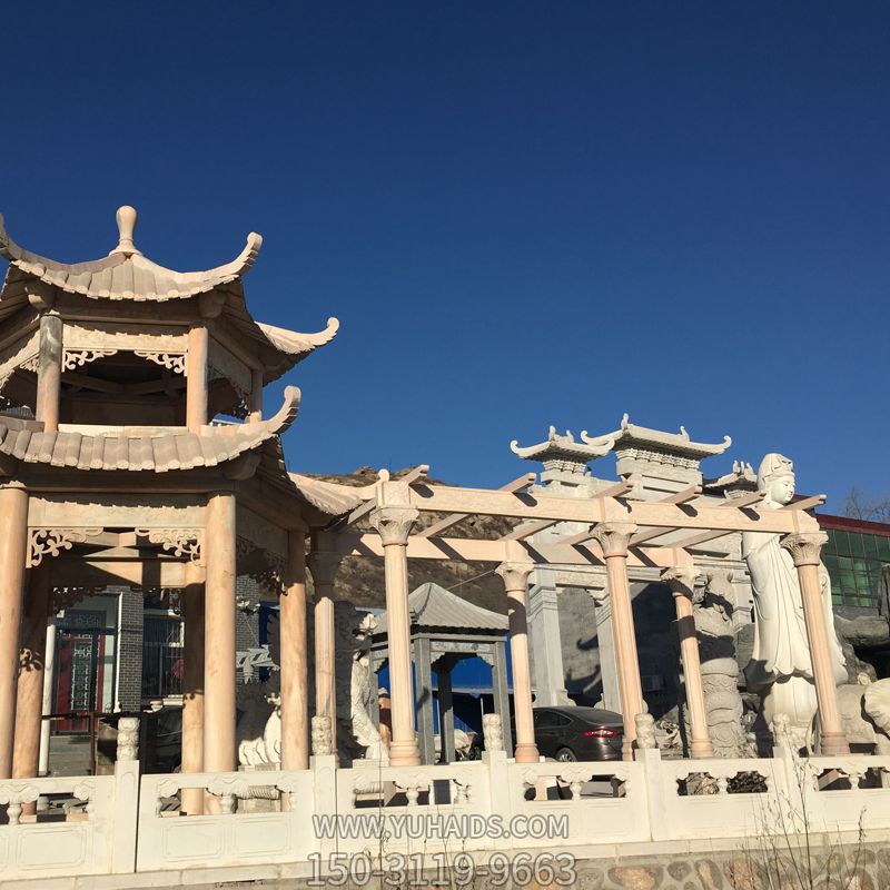 晚霞紅長(cháng)廊涼亭二層頂蓋花園廣場(chǎng)擺放雕塑
