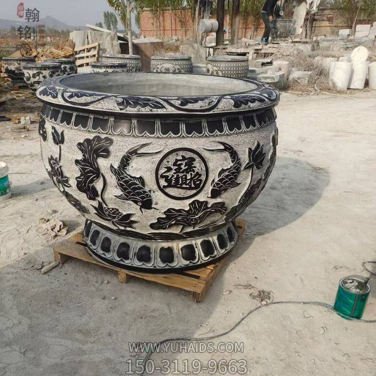 石雕仿古做舊鯉魚(yú)圓形水缸庭院養花養魚(yú)花盆雕塑