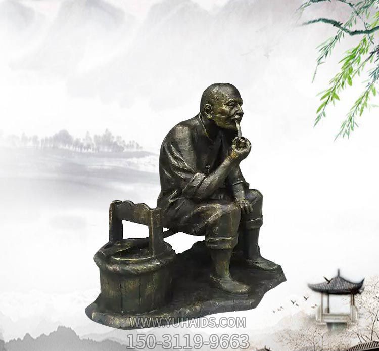 銅雕路邊坐著(zhù)休息抽煙斗的老人雕塑