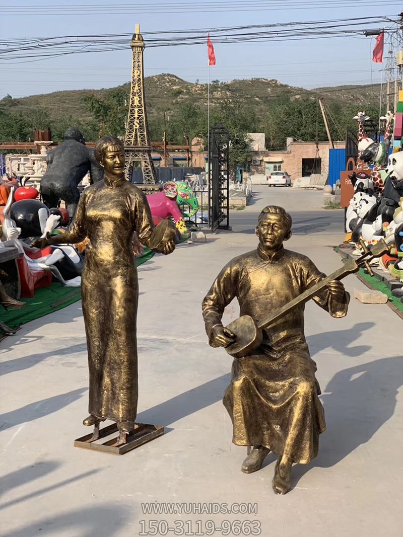 玻璃鋼仿銅民俗音樂(lè )彈唱人物情景雕塑彈雕塑