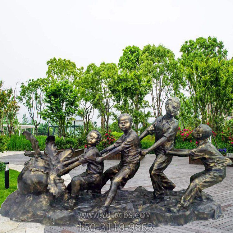 拔蘿卜場(chǎng)景雕塑，玻璃鋼仿銅兒童主題雕塑