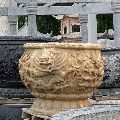 晚霞紅大理石石雕水缸，龍紋魚(yú)缸
