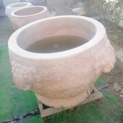 晚霞紅石雕園林景區擺件浮雕獅頭魚(yú)缸