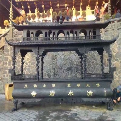 宗廟寺院擺放二層八龍柱做舊長(cháng)形香爐