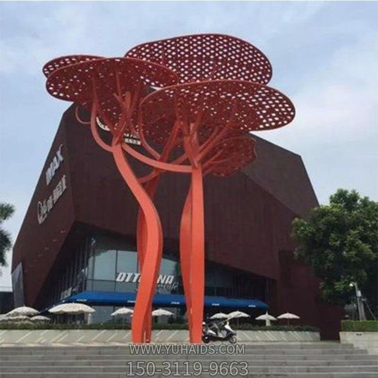 不銹鋼抽象噴漆大樹(shù)造型戶(hù)外園林景觀(guān)小品雕塑