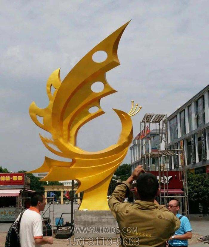 公園創(chuàng )意不銹鋼抽象黃色鳳凰雕塑